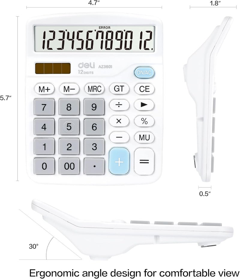 Deli Calculator, Standard Function Desktop Calculators with 12 Digit Large LCD Display and Sensitive Button, Solar Battery Dual Power Office Calculator, White - Image 2